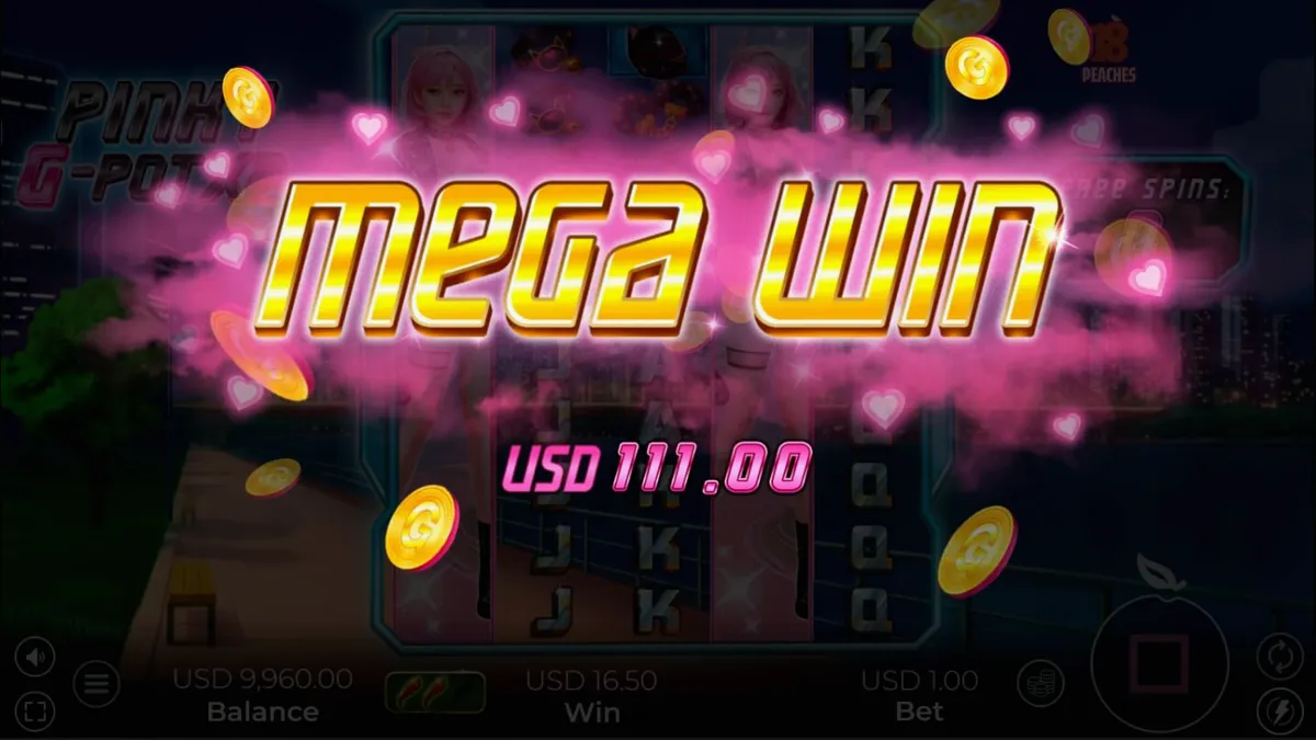 Tampilan layar permainan slot Pinky G-Pot X2 di perangkat seluler, menampilkan grid yang diperluas dengan simbol-simbol neon dan tema balap jalanan Seoul.